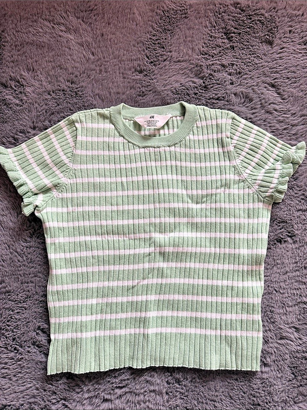 H&M Striped Short Sleeve Top in Green
